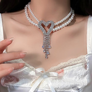 欧美夸张镶钻爱心流苏珍珠项链时尚气质锁骨链复古高级感项饰