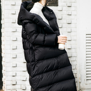棉被羽绒服女中长款2023韩版黑色茧型连帽过膝加厚鹅绒羽绒衣冬装