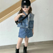 女童韩版拼色马甲背心2023夏季宝宝时髦外套，牛仔短裤裙套装