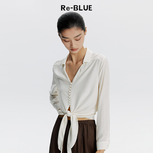 Re-BLUE轻奢优雅女装法式设计感下摆打结长袖衬衫上衣