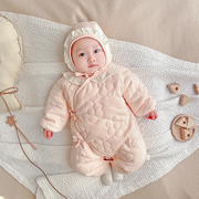 婴儿新生儿连体衣冬季纯棉a类初生女宝宝加厚棉袄衣服保暖外出服