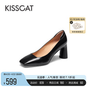 KISSCAT接吻猫2024年春季法式气质粗跟高跟鞋方头简约单鞋女