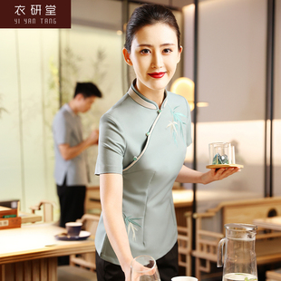 衣研堂酒店服务员工作服女新中式，高端餐饮短袖，中餐厅火锅饭店夏季