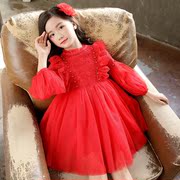 春秋冬季女童装大红色公主裙儿童蕾丝连衣裙演出礼服蓬蓬白纱裙子