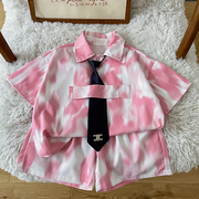 男童领带粉色衬衫套装，夏季2024儿童港风短袖夏装中小童两件套