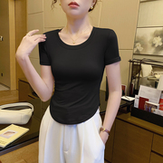 黑色莫代尔短袖t恤女2023夏冰丝(夏冰丝)薄款弧形，下摆不规则短款上衣