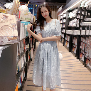 2019夏季韩版蕾丝娃娃，领松紧腰，短袖雪纺连衣裙a字裙女