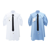 DevilBeauty蓝色白色铆钉装饰双领衬衫学院风泡泡袖衬衫裙