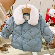 韩国童装23冬男女童宝宝双排，扣毛领带帽纯色洋气羽绒服外套