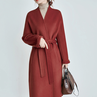 红色睡袍无领双面呢羊毛大衣女中长款简约宽松直筒系带毛呢外套冬