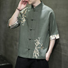 夏季中国风亚麻衬衫男短袖衬衣，中式改良汉服唐装刺绣棉麻半袖上衣