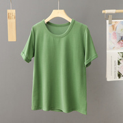 绿色纯棉短袖t恤女士，2024夏季体恤，宽松简约百搭圆领半袖上衣