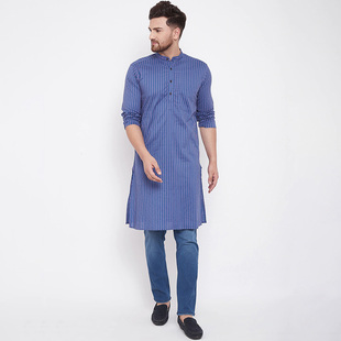 印度传统民族风纯棉服饰中长款薄款长袖男士休闲上衣蓝色竖条纹