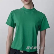 女士外贸tr绿色白色黑色红色，简约圆领舒适卷边纯色夏季短袖t恤衫