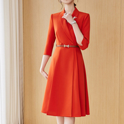 橙红色正式场合连衣裙气质时尚，西装裙子主持人正装，高级感职业装女