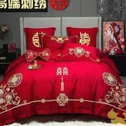 结婚床上用品四件套大红色婚庆，床品喜庆中式红色新婚被套床单刺绣