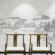 现代中式古风水墨山水墨画电视背景墙纸壁画卧室书房来图定制壁画