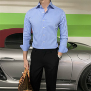 蓝条纹意式大领型男长袖衬衣修身免烫商务职场上衣休闲细条衬衫潮