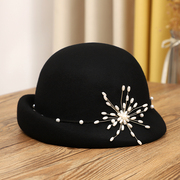 珍珠花朵羊毛呢帽子女士冬季时尚贝雷帽保暖英伦复古优雅法式礼帽