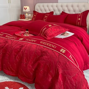 高档简约中式结婚四件套红色床单被套，全棉纯棉新婚庆(新婚庆)床上用品婚房