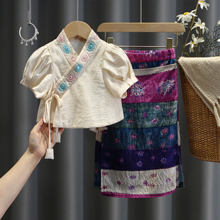 女童民族风套装夏季小女孩宝宝，傣族服装一步短袖连衣裙中式两件套