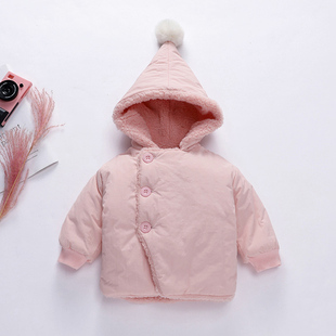 女宝宝棉衣外套加绒厚纯粉色，个月男童棉袄连帽幼婴儿羽绒棉服