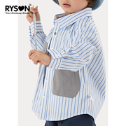 RYSON潮童装春儿童外套春秋款上衣蓝色条纹撞色户外长袖衬衫