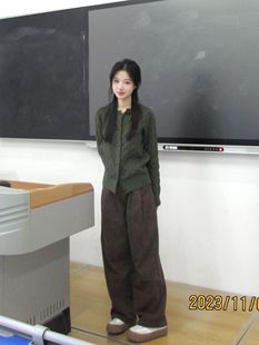 奶fufu绿色圆领长袖针织衫女秋冬季修身外穿粗线毛衣开衫外套