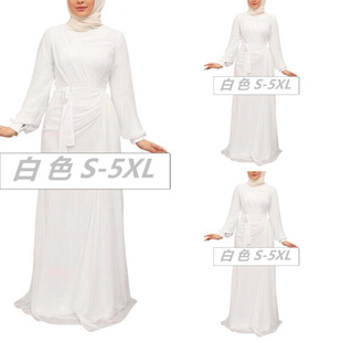 穆斯林日常双层雪纺褶皱连衣裙后中拉链 可拆卸腰带