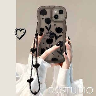 黑色郁金香支架适用红米k40k30手机壳小米note91011女款苹果1213opporeno876543pro波浪边框a72软套