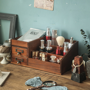 抽屉式化妆品复古收纳盒zakka桌面梳妆台木质面膜口红书桌置物架