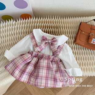 韩版春季婴幼儿jk娃娃领衬衫，+格子背带包屁裙裤，女宝宝洋气2件套装