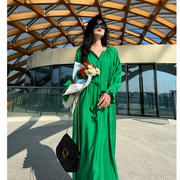 港风绿色气质中长款连衣裙，秋季温柔法式系带，长袖天丝棉长裙