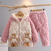 冬季款三层夹棉儿童睡衣，女童加绒加厚法兰绒，宝宝珊瑚绒家居服套装