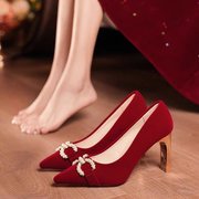 红色婚鞋女2024春季主婚，新娘中式秀禾两穿订婚鞋高跟鞋不累脚