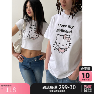 粉红蘑菇hellokitty情侣装t恤短袖，女男夏白色(夏白色，)上衣设计感小众