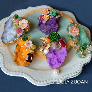 韩国饰品手工复古天然原石水晶花朵串珠镶钻珍珠胸针别针吊坠两用