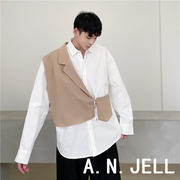 韩国版男装东大门21春夏新半西装马甲，拼接假两件套黑白色长袖衬衫