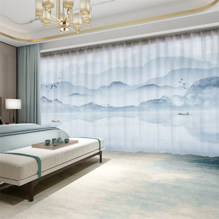 新中式窗帘遮光2023高端中国风景山水客厅卧室阳台水墨画纱帘