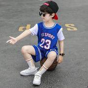 儿童篮球服套装男童小学生速干训练服小童，短袖小孩假两件运动球衣