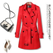 大红色风衣女小个子，春秋季韩版中长款修身显瘦双排扣长袖外套