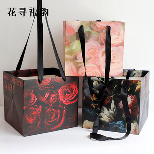 花寻礼韵油画玫瑰手提袋，鲜花包装袋花束花盒礼盒，方形包装盒空盒子