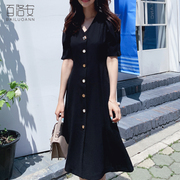 百洛安V领短袖黑色短袖连衣裙女夏季韩版显瘦单排扣中长A字裙