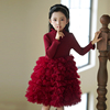 女童毛衣裙(毛衣裙)秋冬红色，喜庆新年连衣裙礼服，小女孩洋气打底公主裙