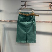 绿色半身裙女高腰欧洲站2022春装修身开叉直筒中长款包臀裙子