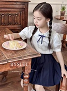 韩国设计师系列!高品质女童白衬衫，藏青百褶裙夏季儿童学院风套装