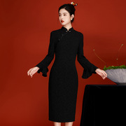 中国风女装2023年荷叶袖长袖黑色日常改良旗袍连衣裙230295