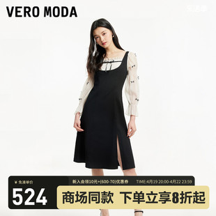 Vero Moda连衣裙2024春夏甜美气质女人七分袖雪纺拼接假两件