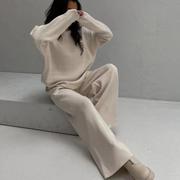 欧美宽松休闲毛衣针织上衣长裤套装knitted sweater trousers set