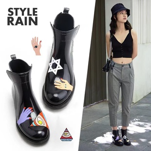 外贸雨鞋女出口品质手绘日韩系列时尚低帮女士雨靴源头工厂原版黑